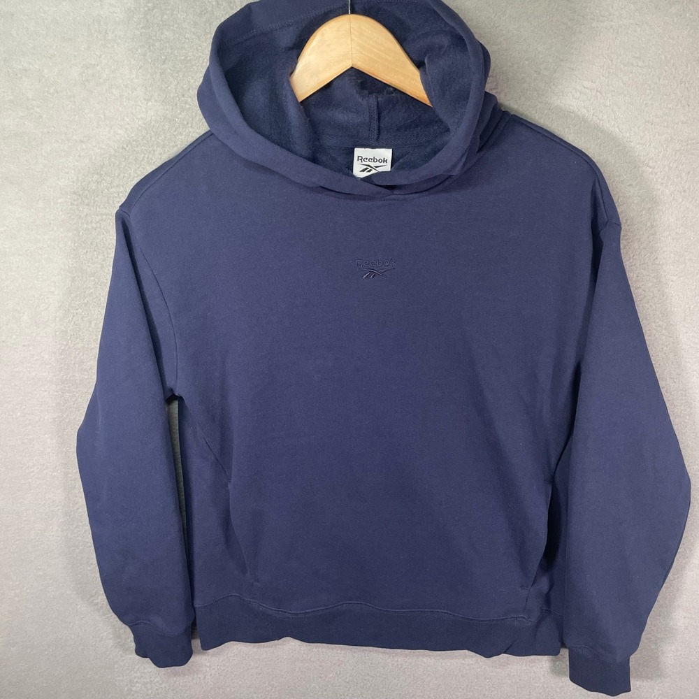Reebok Mens Small Hoodie Navy Blue Embroidered Logo Fleece‎ Pullover